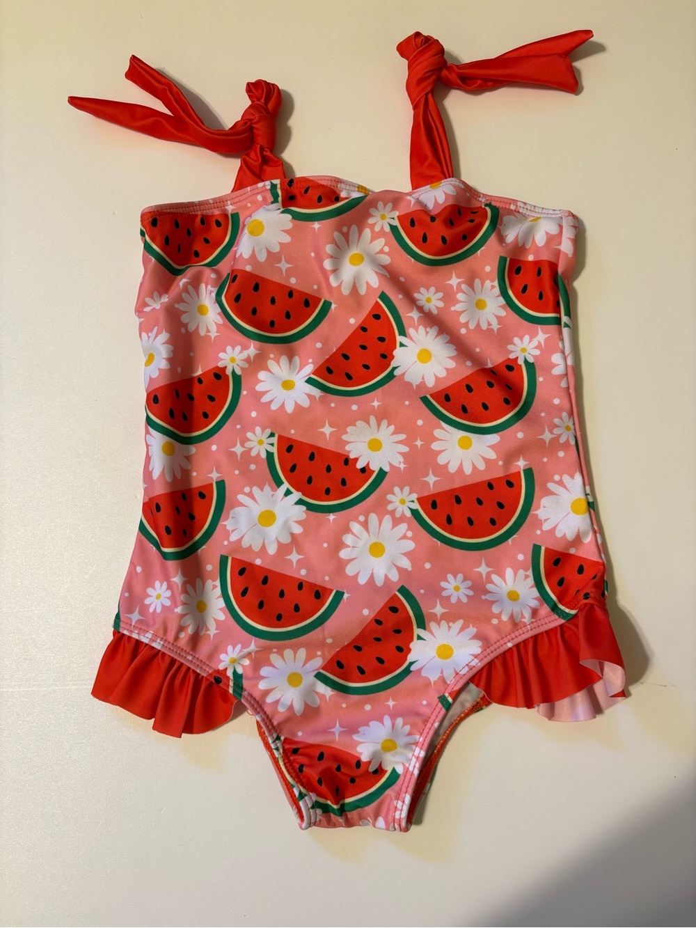 Girls' Pink Watermelon & Daisy One-Piece Swimsuit with Red Ties